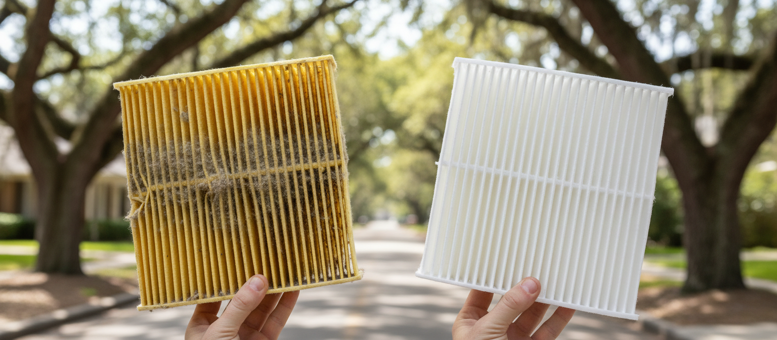 Clogged yellow HVAC filter vs clean filter in a Mount Pleasant SC home during spring pollen season.