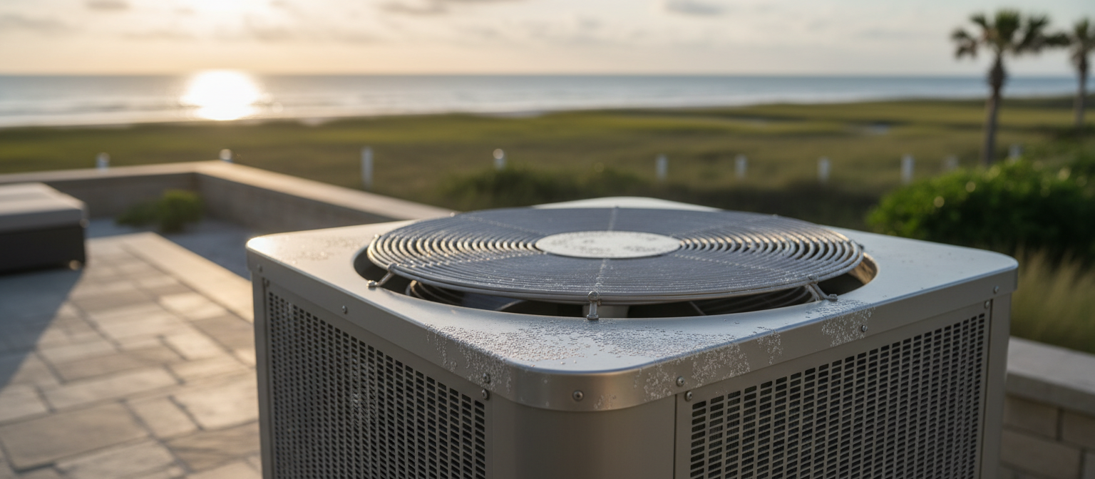 Coastal HVAC unit on Sullivans Island showing salt air corrosion and environmental stress.