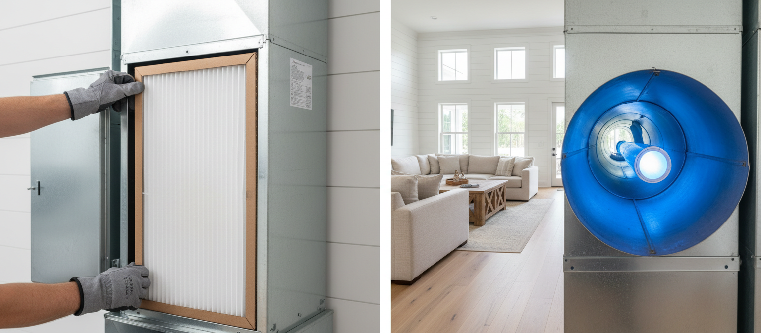 HERO Heating and Air technician installing a whole-home air purifier in a Mount Pleasant, SC home.