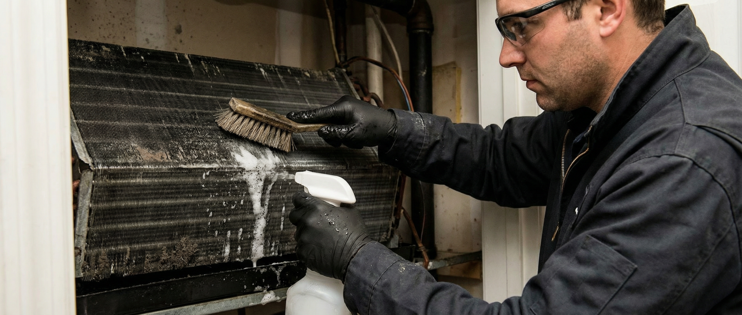 HERO Heating and Air technician performing AC coil cleaning on Johns Island to remove mildew smells.