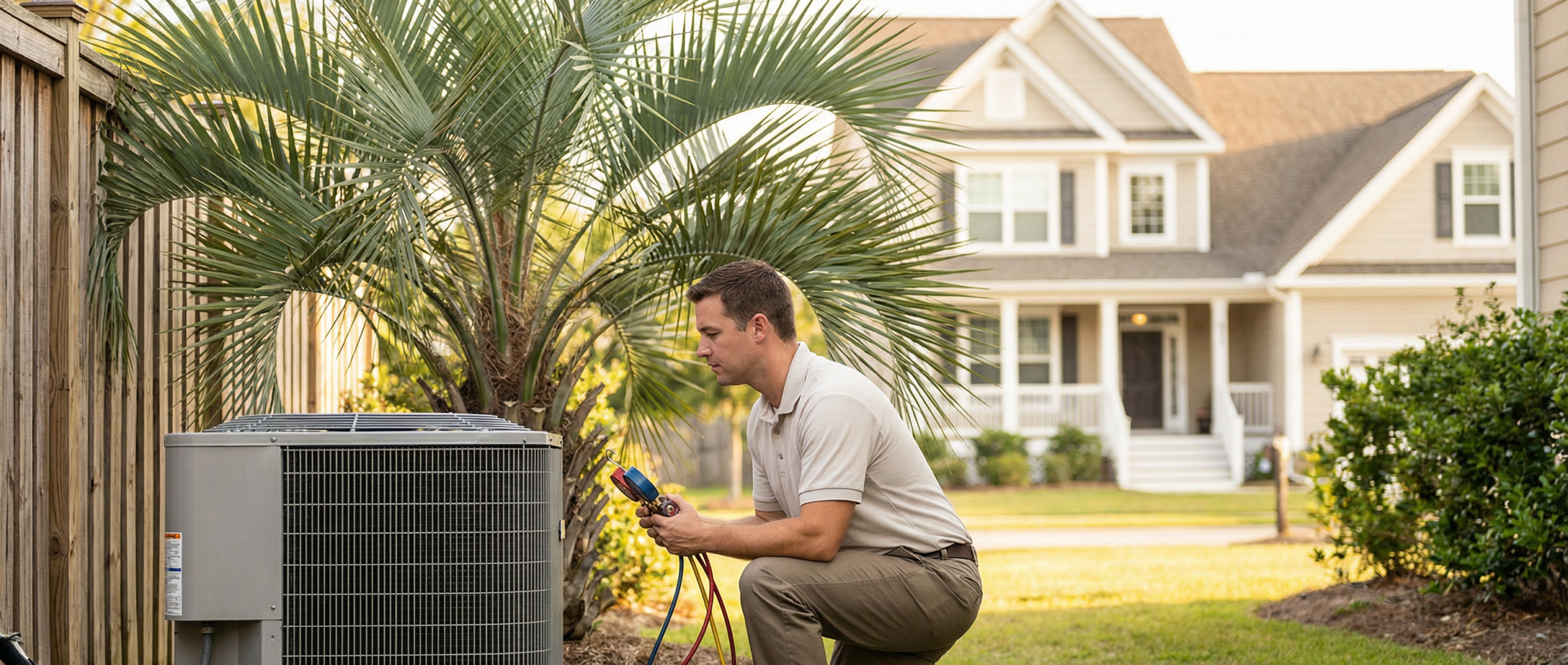 HERO Heating and Air technician performing AC maintenance on a Mount Pleasant home near Rifle Range Road.