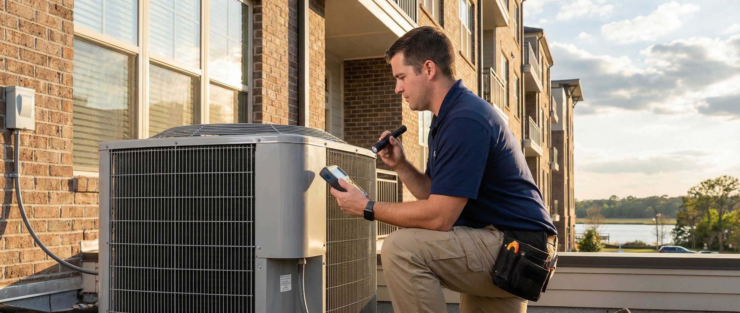 HERO Heating and Air technician performing a multi-point AC inspection for a North Charleston rental property.