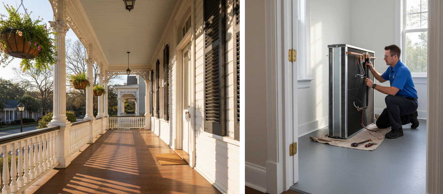 HVAC technician inspecting an air conditioning system in a historic Mount Pleasant home to remove mildew smells.