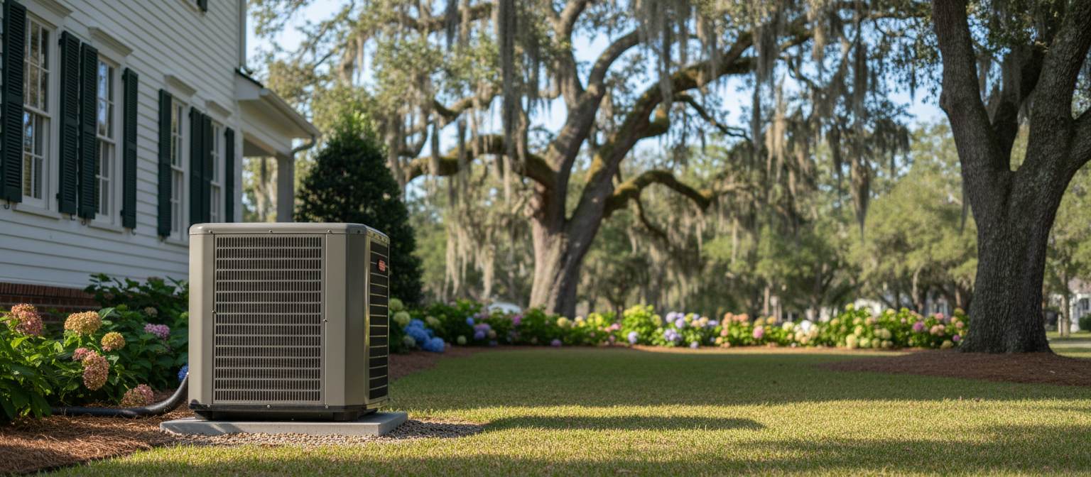 Professional HVAC technician performing a spring tune-up on a coastal AC unit in Mt. Pleasant, SC.