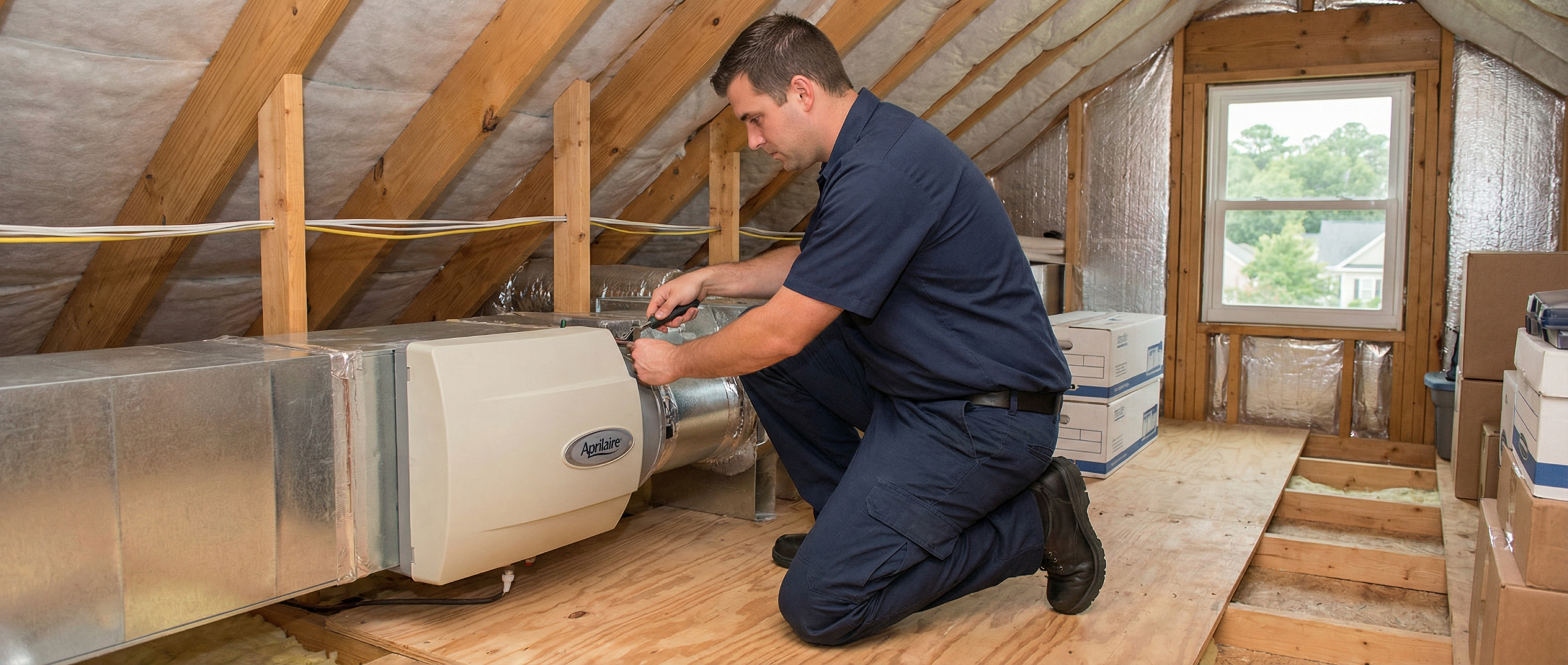 HERO Heating and Air technician installing a whole-home dehumidifier in a Park West Charleston home.