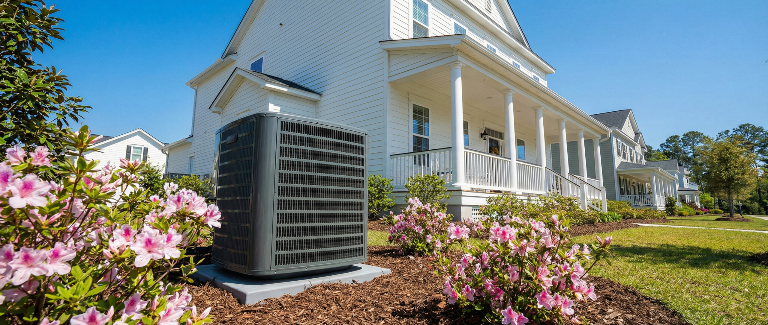 HERO Heating and Air technician performing AC maintenance on a Mount Pleasant home near the Wando River.