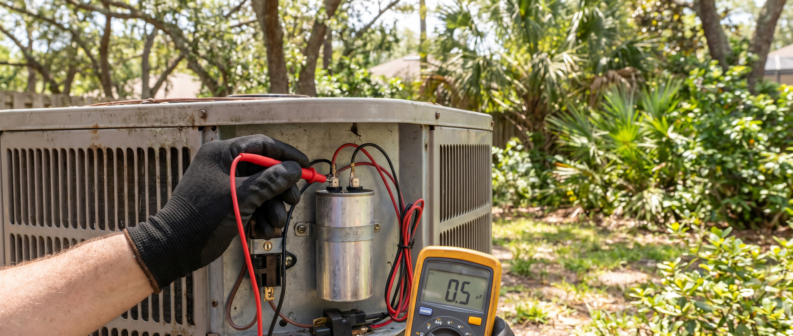 HERO Heating and Air technician performing a precision capacitor diagnostic on an air conditioner in Moncks Corner, SC.