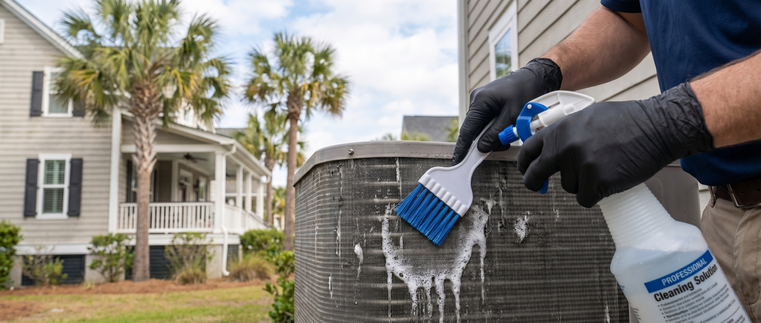 HERO Heating and Air technician performing professional AC coil cleaning for a Mount Pleasant home.